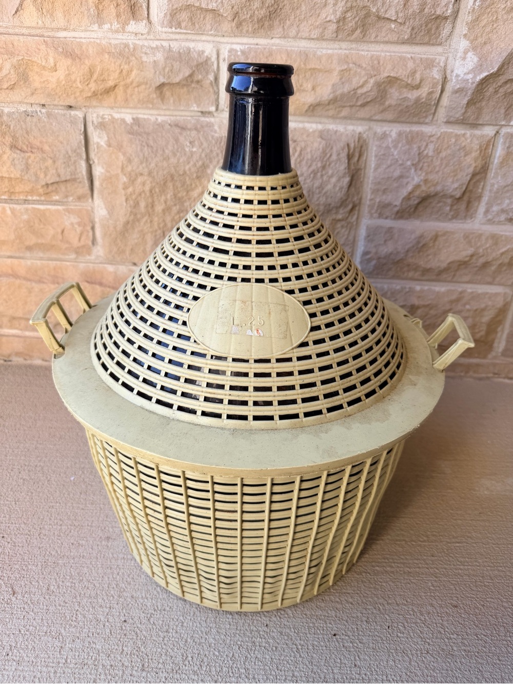 Vintage Mid-Century Green Glass Demijohn in Plastic Basket 25 L Antique For Wine